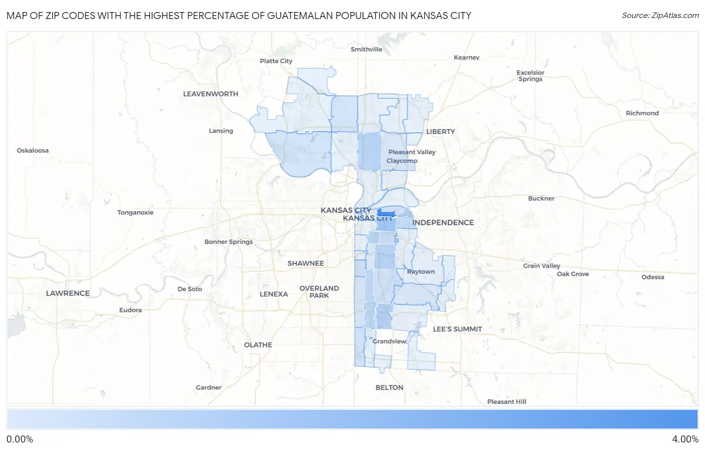 Zip Codes with the Highest Percentage of Guatemalan Population in Kansas City Map
