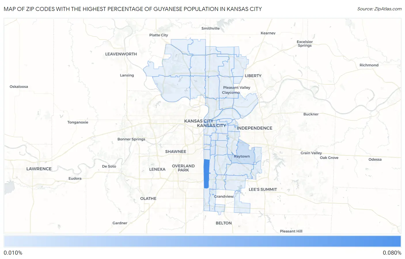 Zip Codes with the Highest Percentage of Guyanese Population in Kansas City Map