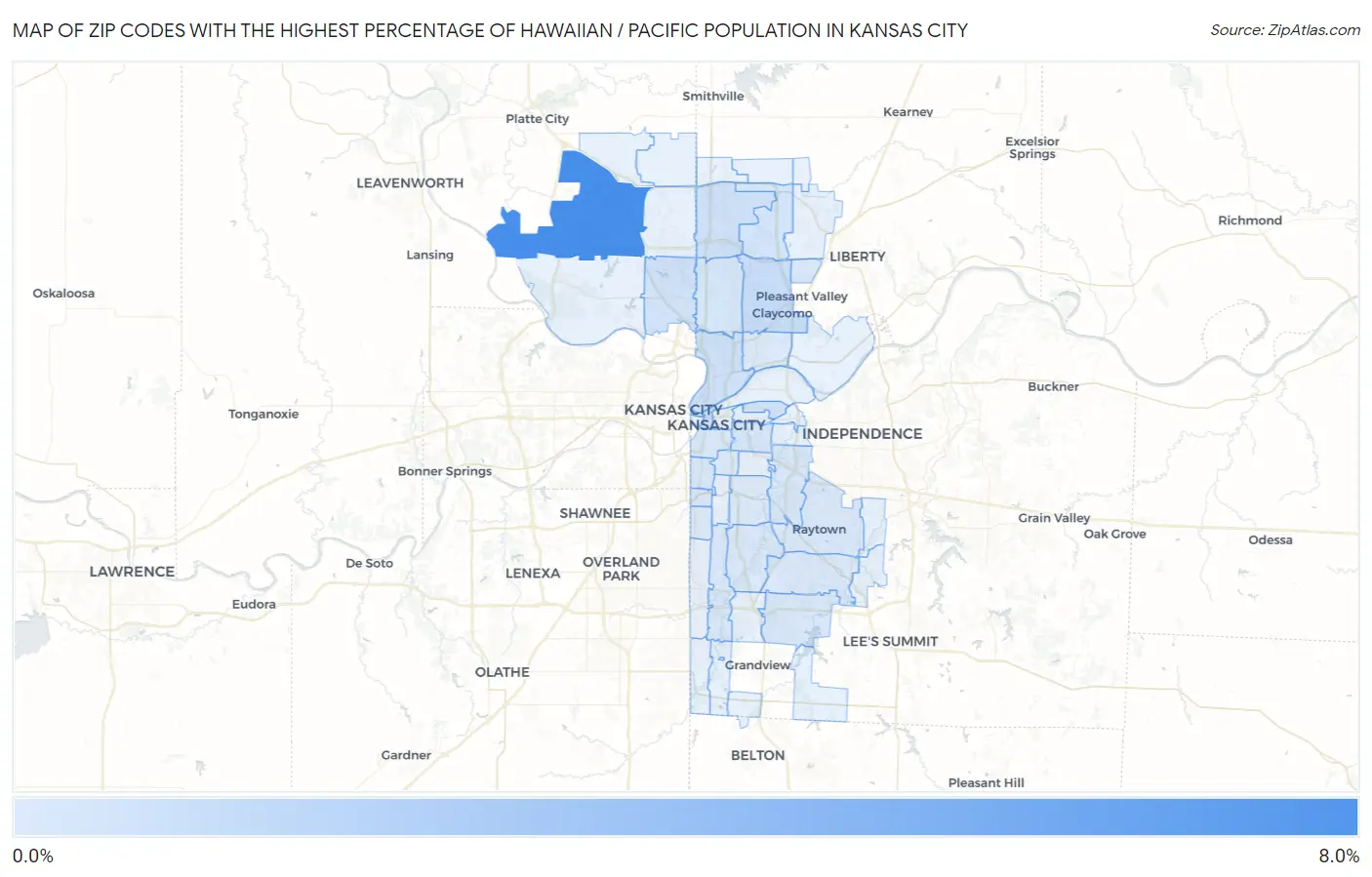 Zip Codes with the Highest Percentage of Hawaiian / Pacific Population in Kansas City Map
