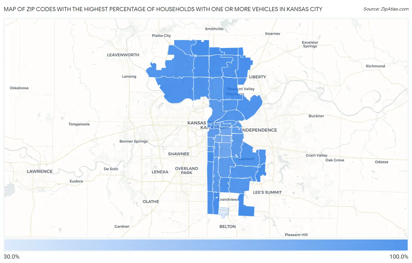 Zip Codes with the Highest Percentage of Households With One or more Vehicles in Kansas City Map