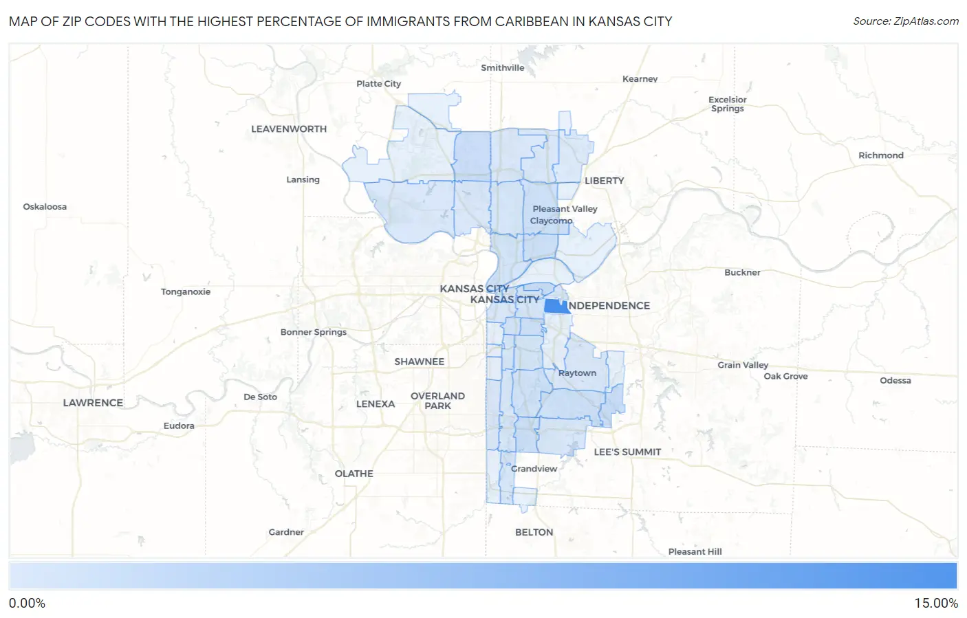 Zip Codes with the Highest Percentage of Immigrants from Caribbean in Kansas City Map