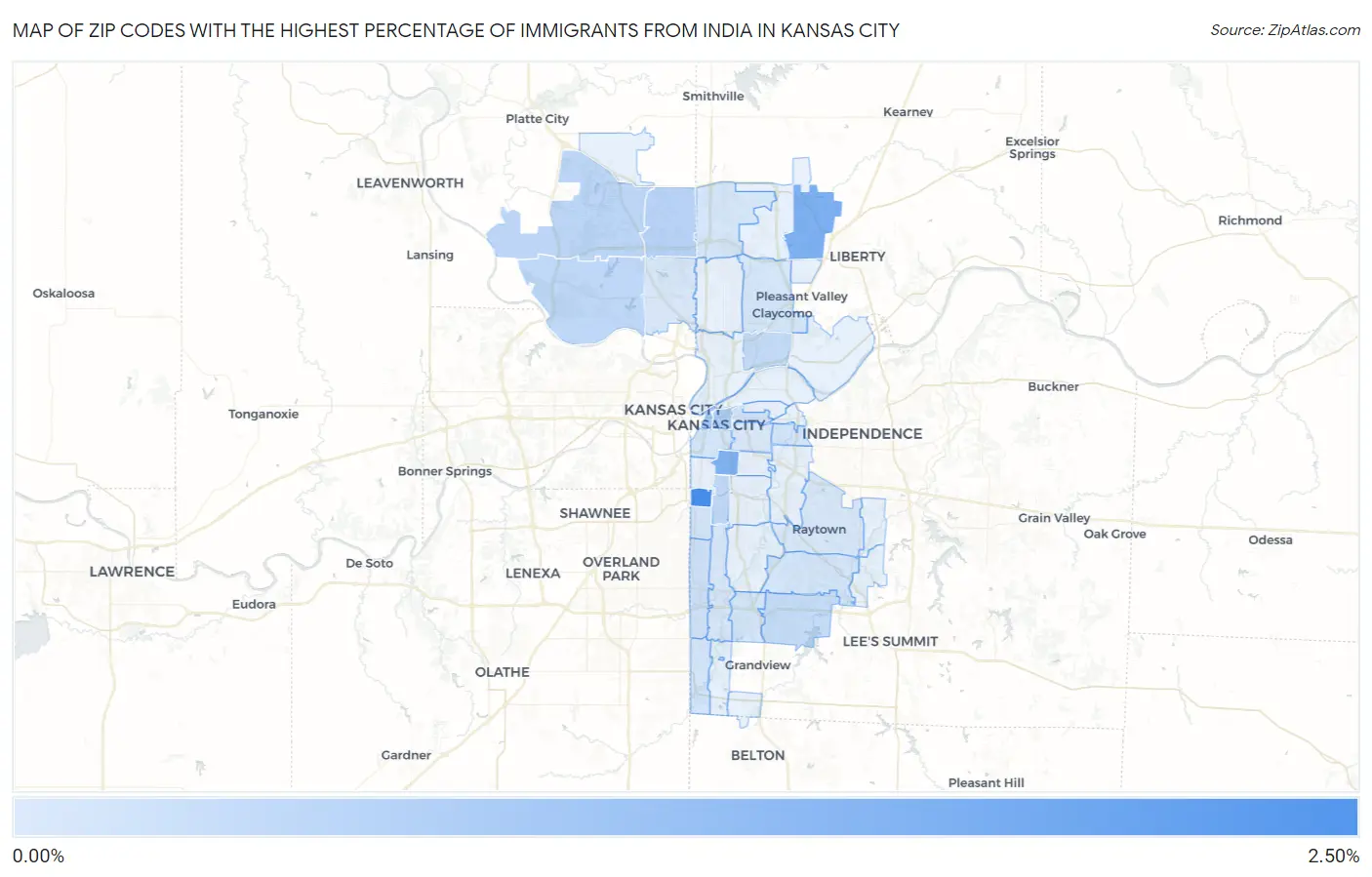 Zip Codes with the Highest Percentage of Immigrants from India in Kansas City Map