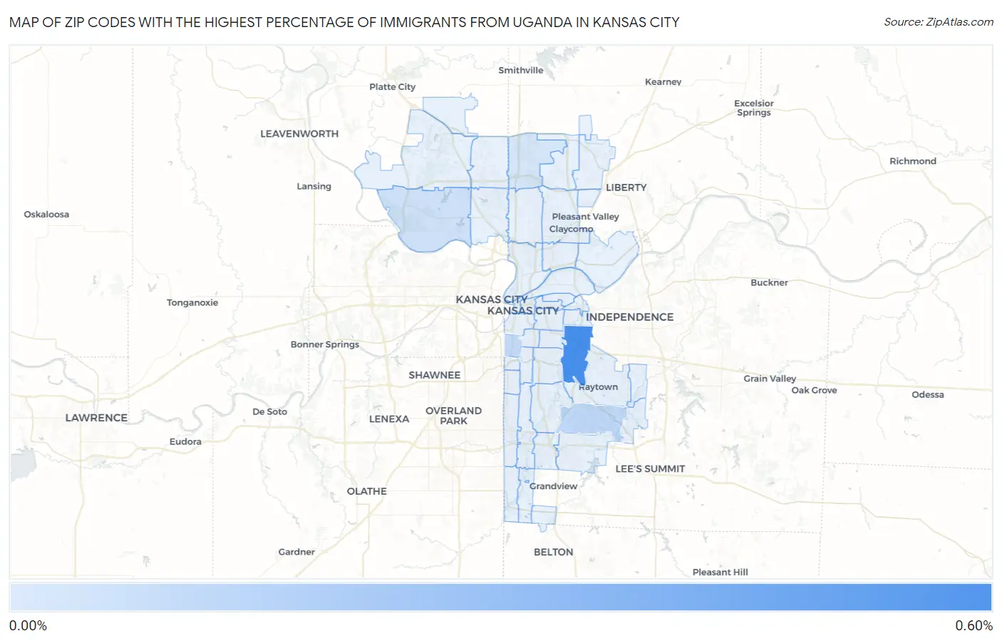 Zip Codes with the Highest Percentage of Immigrants from Uganda in Kansas City Map