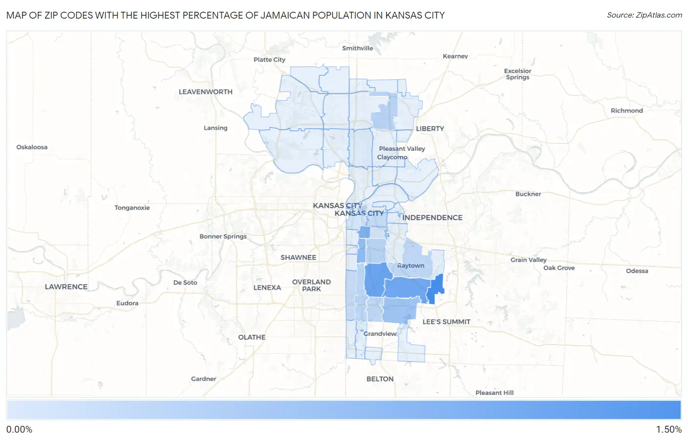 Zip Codes with the Highest Percentage of Jamaican Population in Kansas City Map