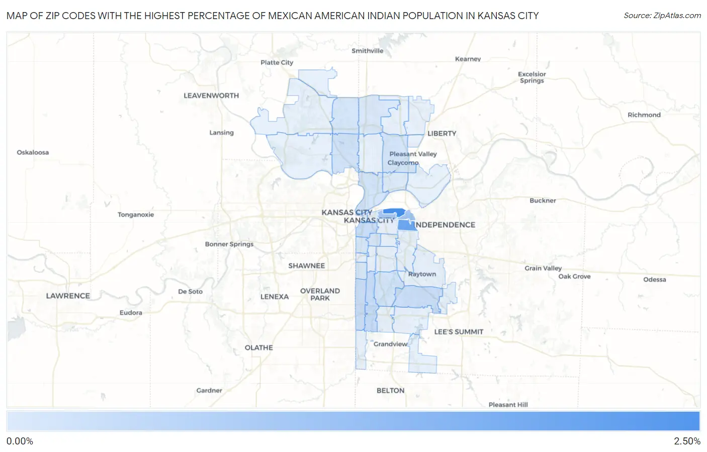 Zip Codes with the Highest Percentage of Mexican American Indian Population in Kansas City Map
