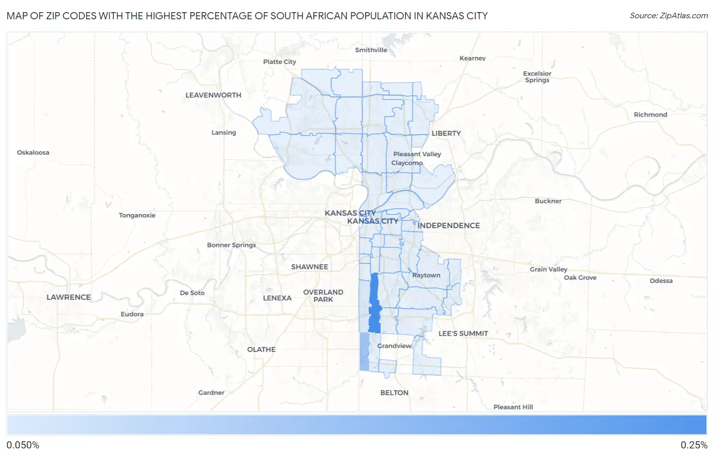 Zip Codes with the Highest Percentage of South African Population in Kansas City Map