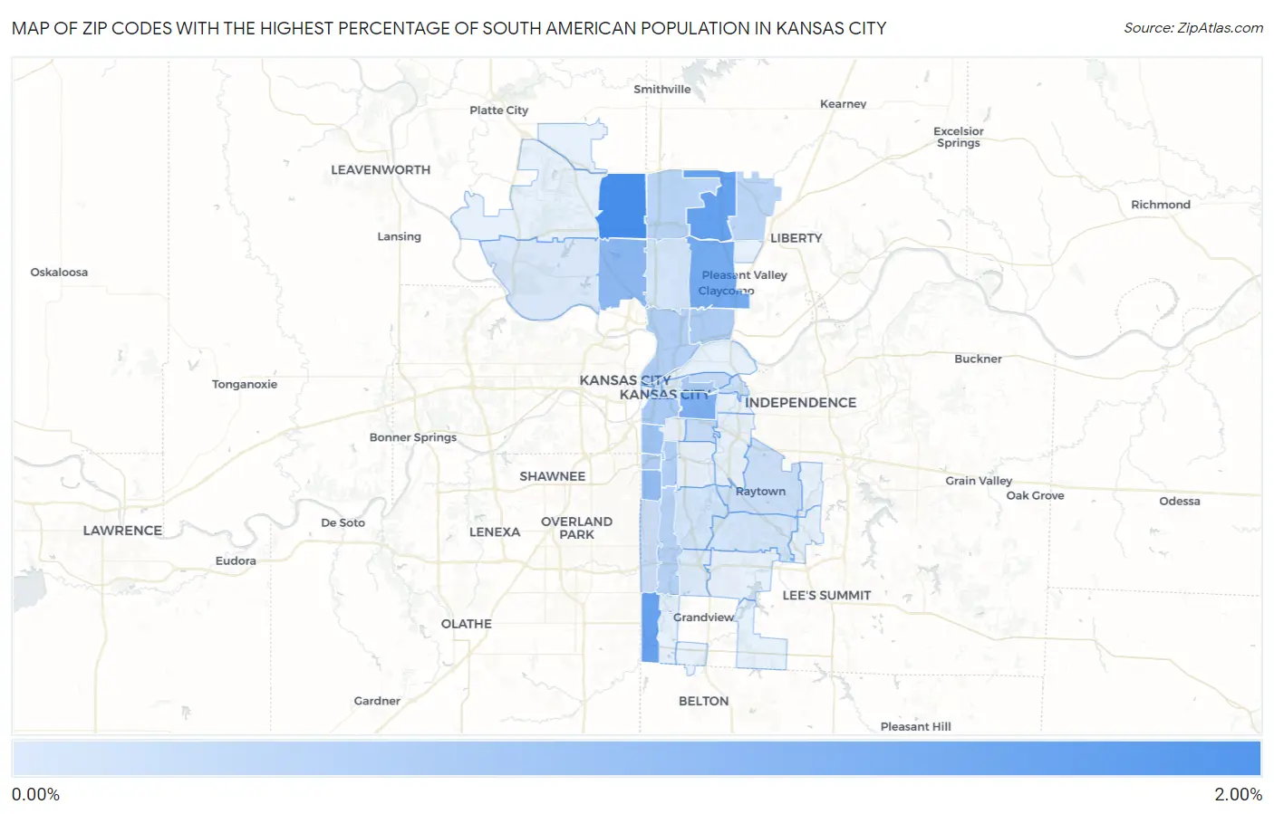 Zip Codes with the Highest Percentage of South American Population in Kansas City Map
