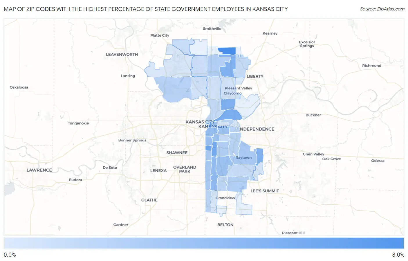 Zip Codes with the Highest Percentage of State Government Employees in Kansas City Map