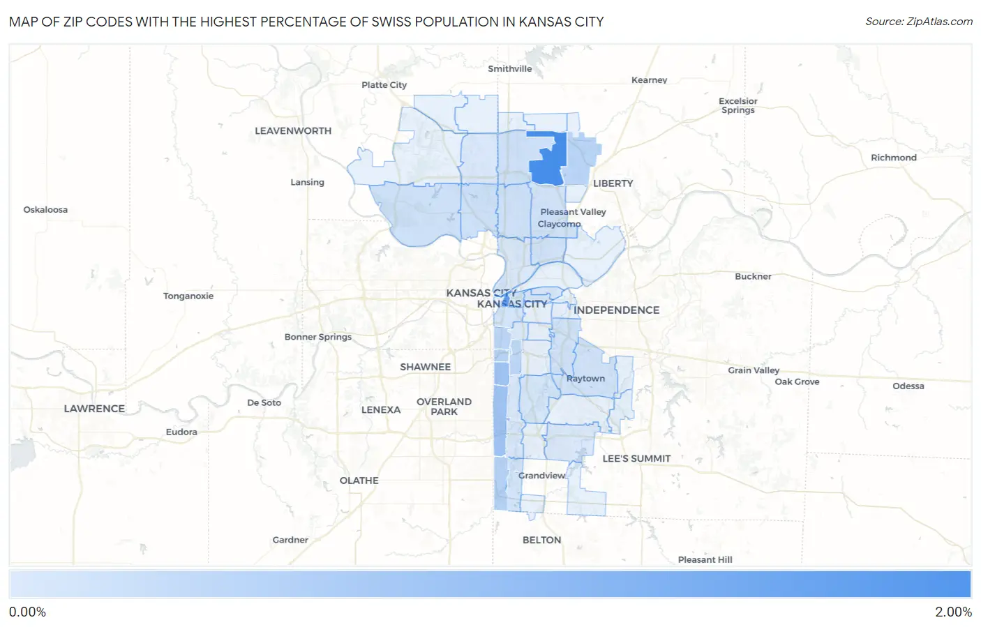 Zip Codes with the Highest Percentage of Swiss Population in Kansas City Map
