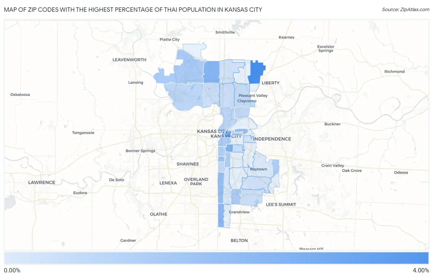 Zip Codes with the Highest Percentage of Thai Population in Kansas City Map
