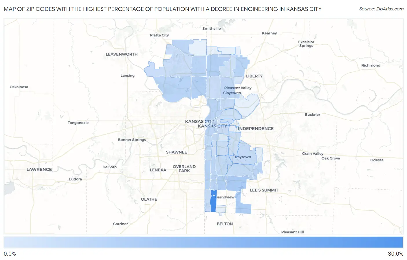 Zip Codes with the Highest Percentage of Population with a Degree in Engineering in Kansas City Map