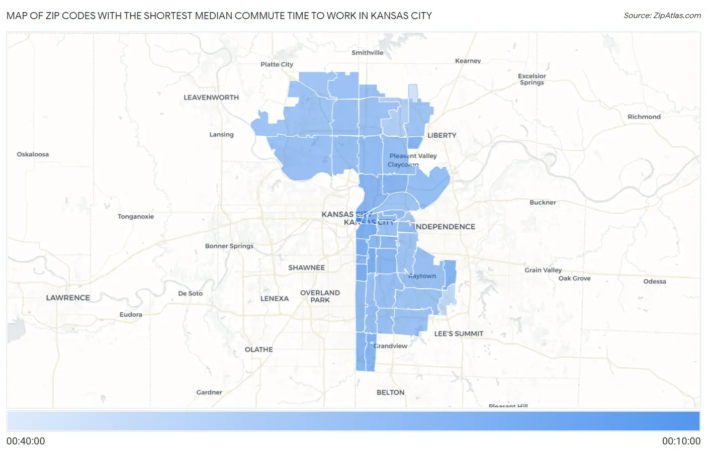 Zip Codes with the Shortest Median Commute Time to Work in Kansas City Map