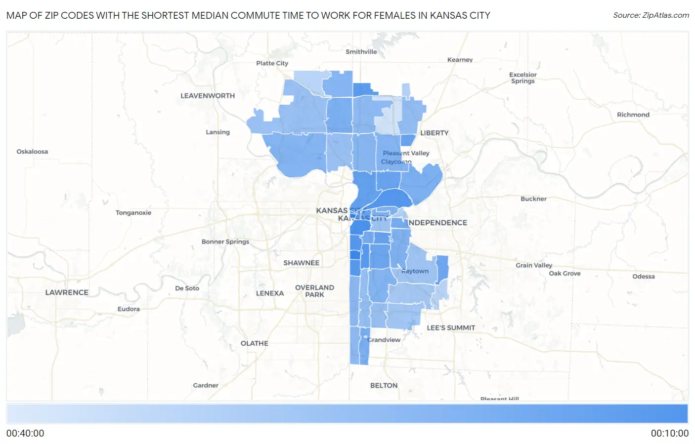 Zip Codes with the Shortest Median Commute Time to Work for Females in Kansas City Map