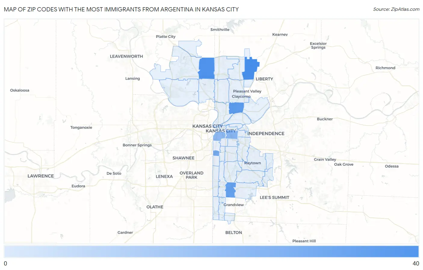 Zip Codes with the Most Immigrants from Argentina in Kansas City Map