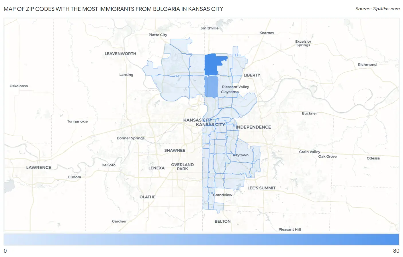 Zip Codes with the Most Immigrants from Bulgaria in Kansas City Map