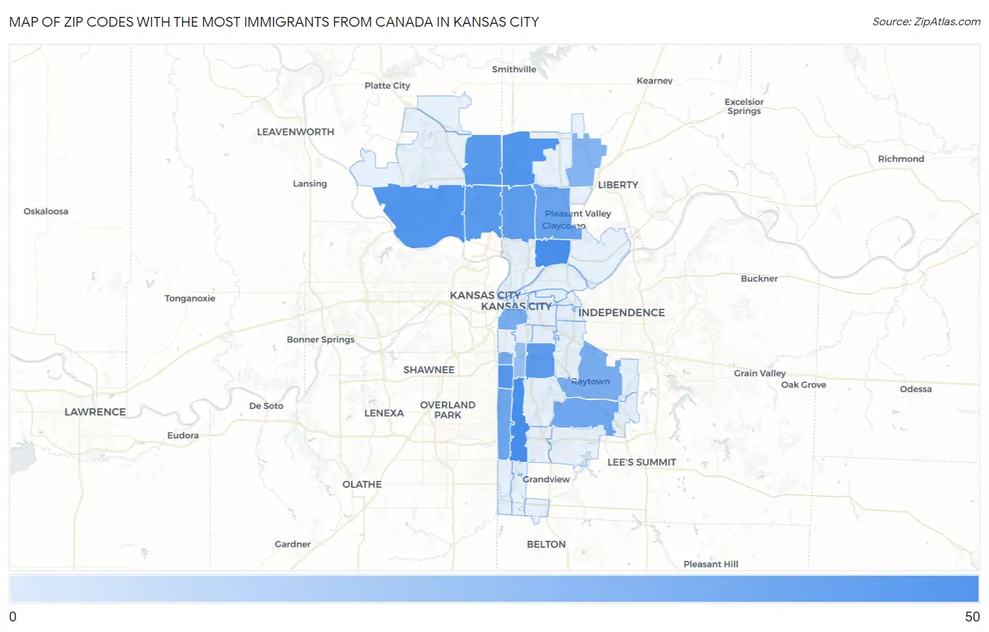 Zip Codes with the Most Immigrants from Canada in Kansas City Map