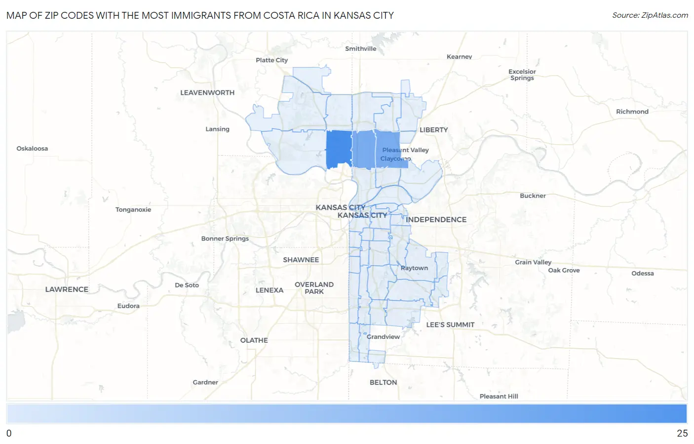 Zip Codes with the Most Immigrants from Costa Rica in Kansas City Map