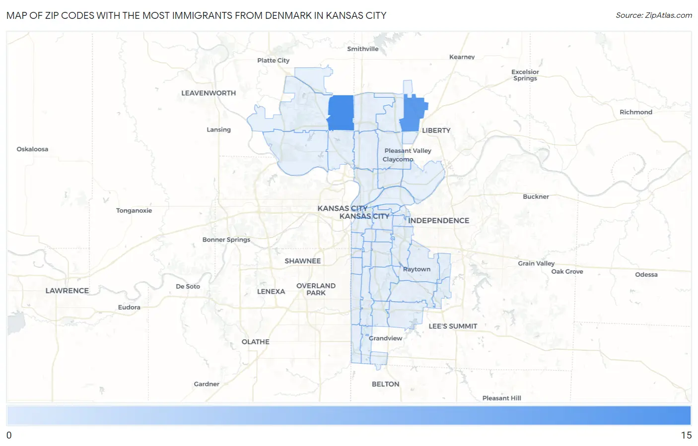Zip Codes with the Most Immigrants from Denmark in Kansas City Map