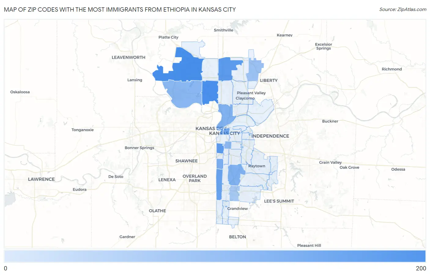 Zip Codes with the Most Immigrants from Ethiopia in Kansas City Map
