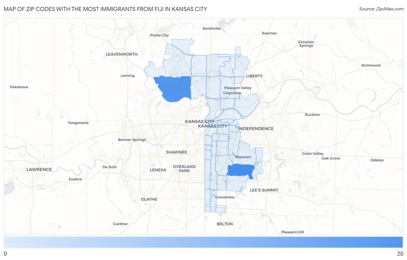 Zip Codes with the Most Immigrants from Fiji in Kansas City Map