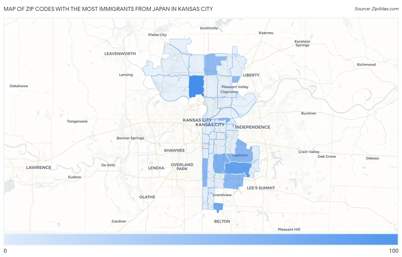 Zip Codes with the Most Immigrants from Japan in Kansas City Map