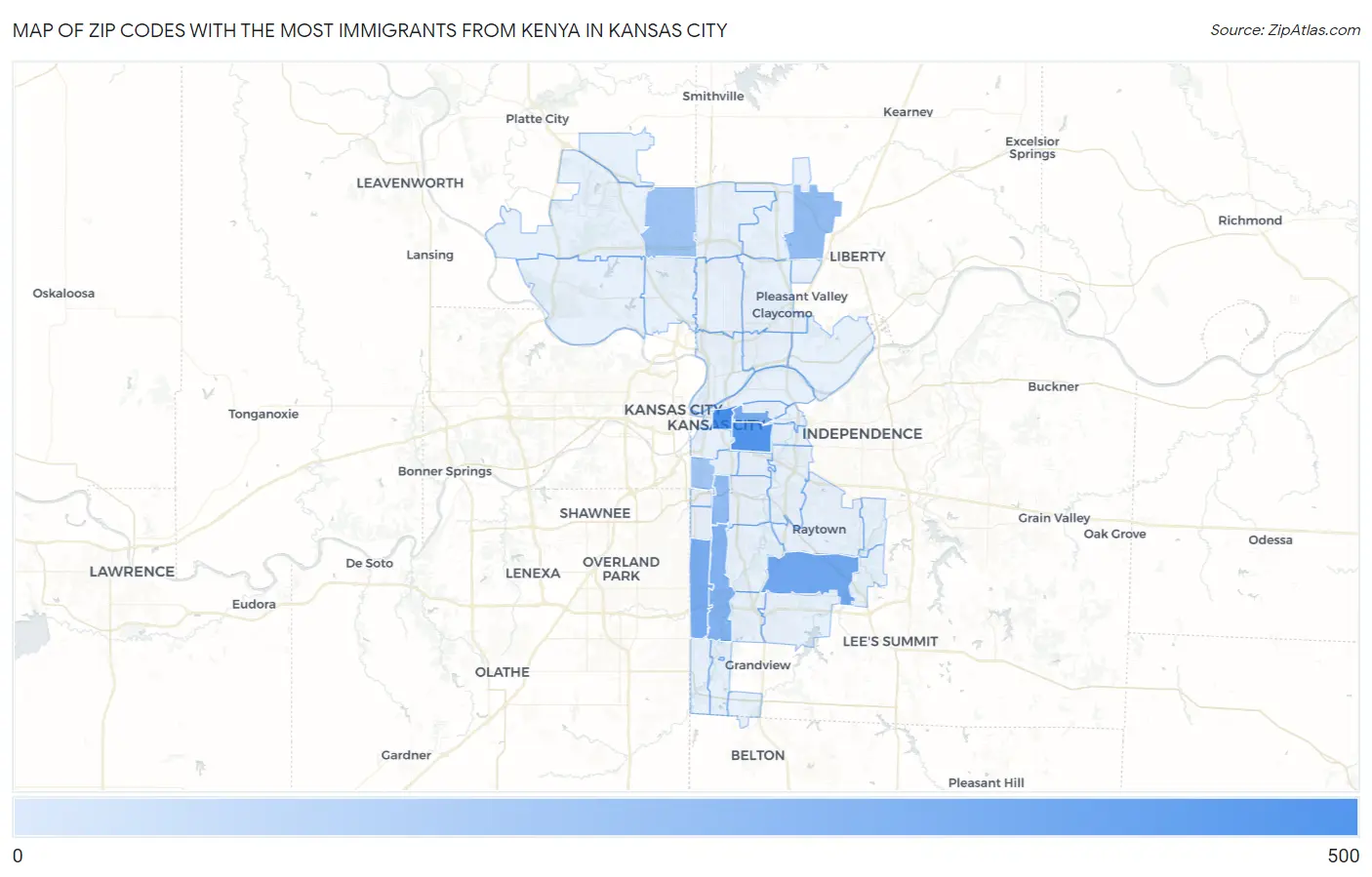 Zip Codes with the Most Immigrants from Kenya in Kansas City Map