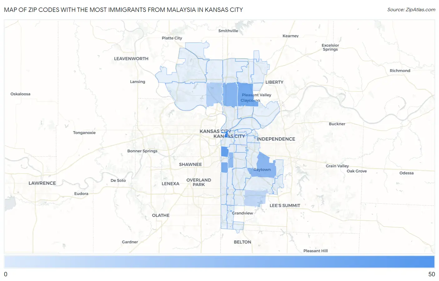 Zip Codes with the Most Immigrants from Malaysia in Kansas City Map