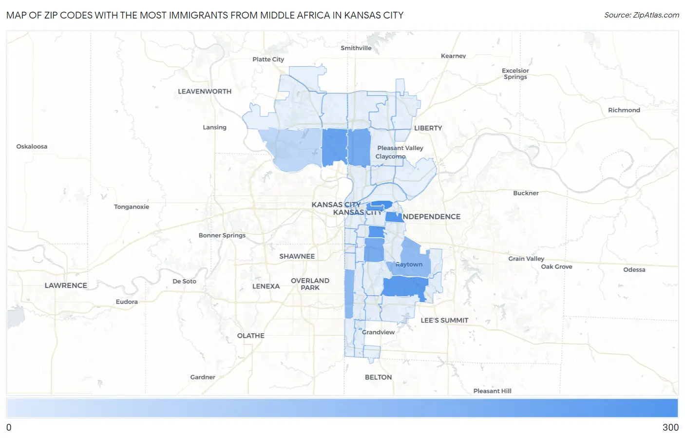 Zip Codes with the Most Immigrants from Middle Africa in Kansas City Map