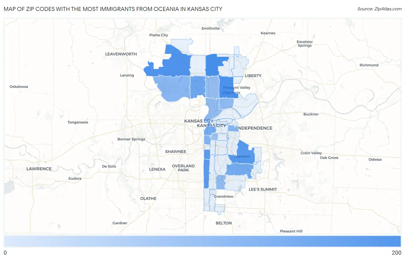 Zip Codes with the Most Immigrants from Oceania in Kansas City Map