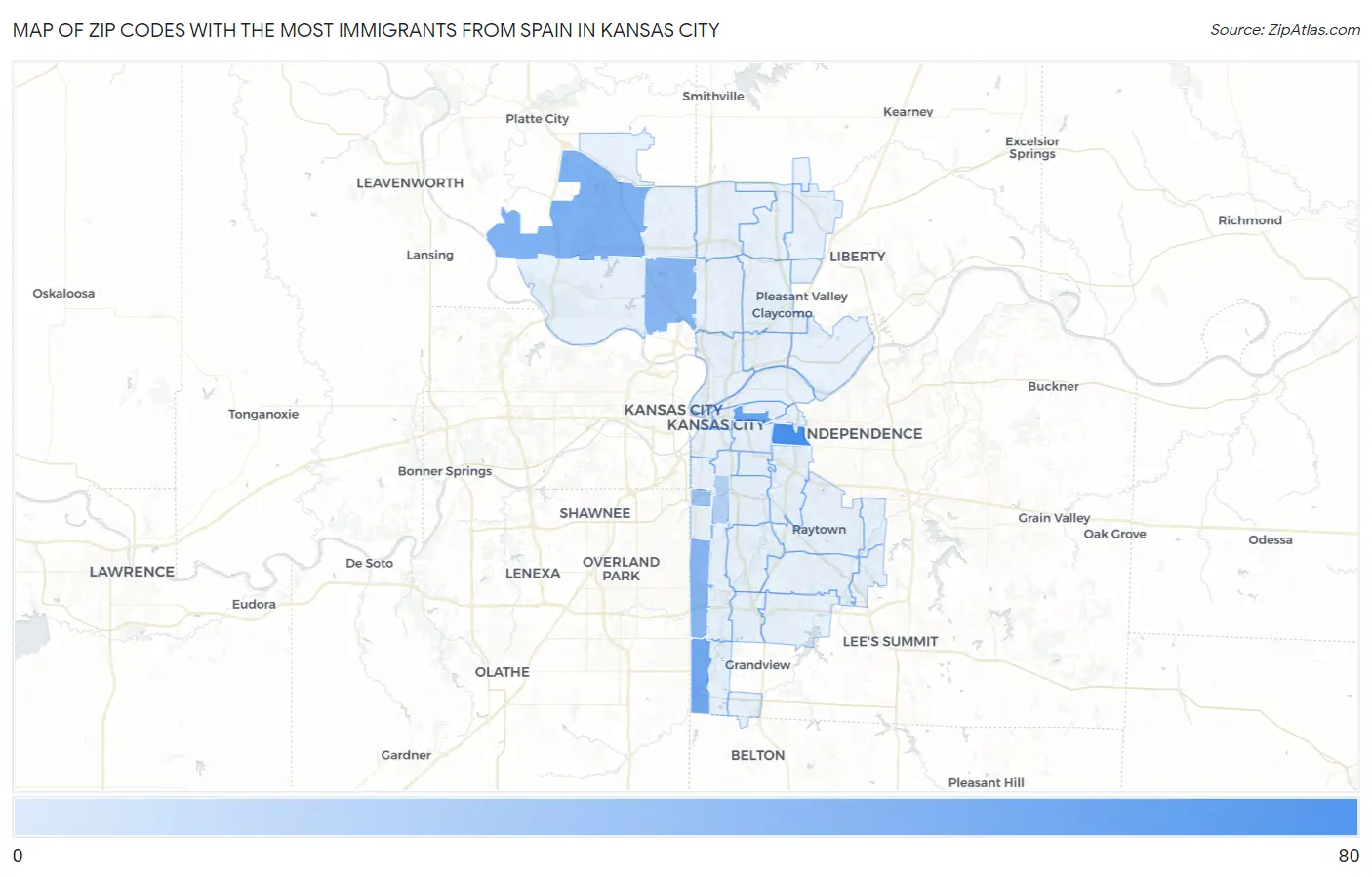 Zip Codes with the Most Immigrants from Spain in Kansas City Map