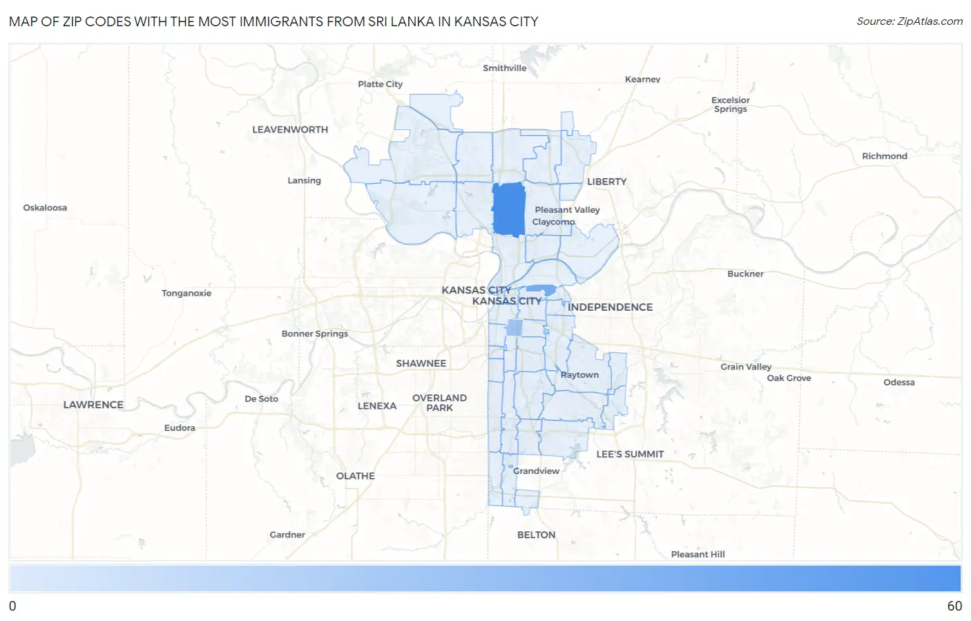 Zip Codes with the Most Immigrants from Sri Lanka in Kansas City Map