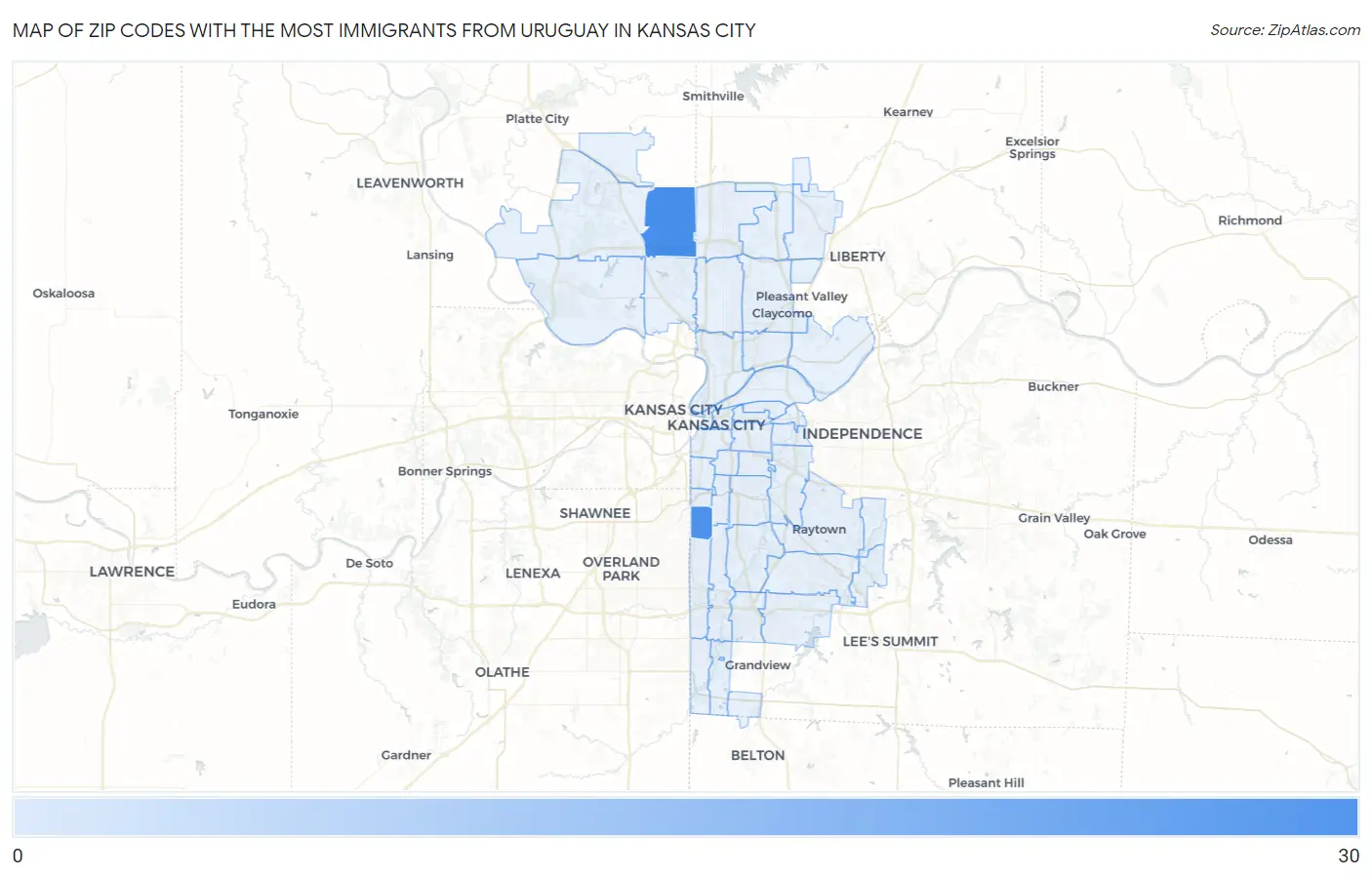 Zip Codes with the Most Immigrants from Uruguay in Kansas City Map