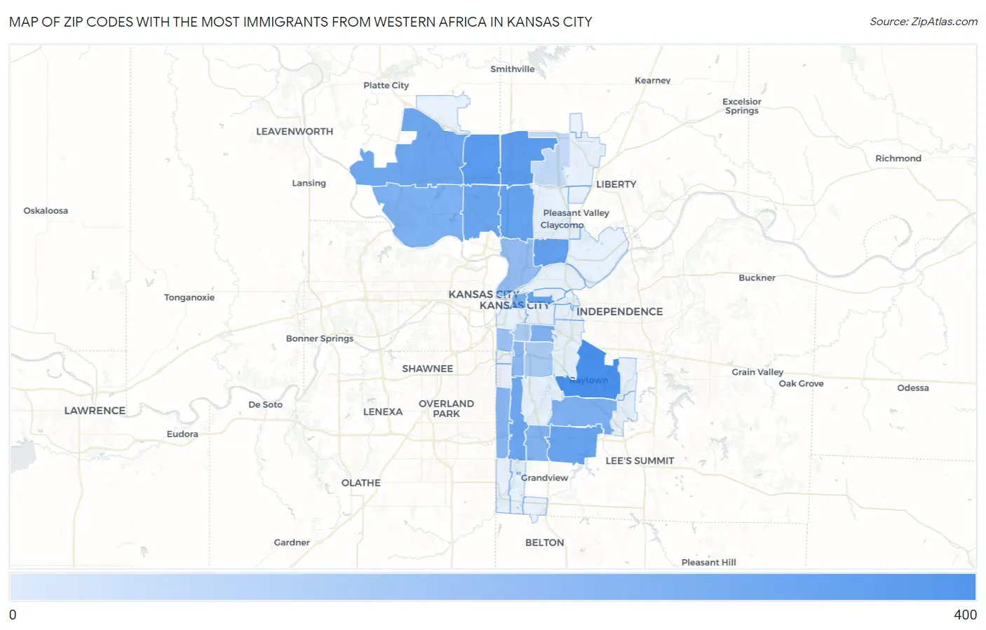 Zip Codes with the Most Immigrants from Western Africa in Kansas City Map