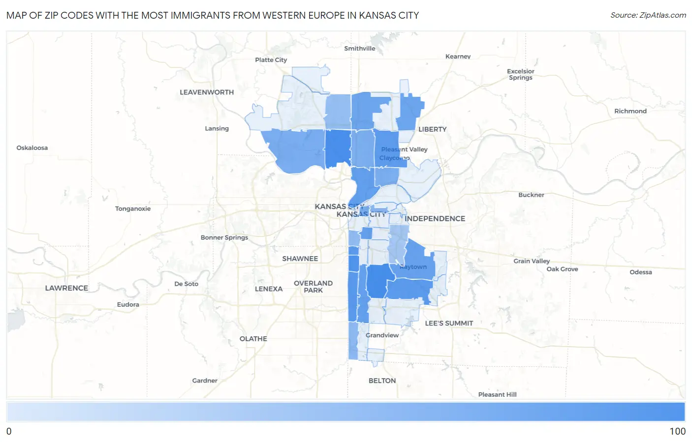 Zip Codes with the Most Immigrants from Western Europe in Kansas City Map