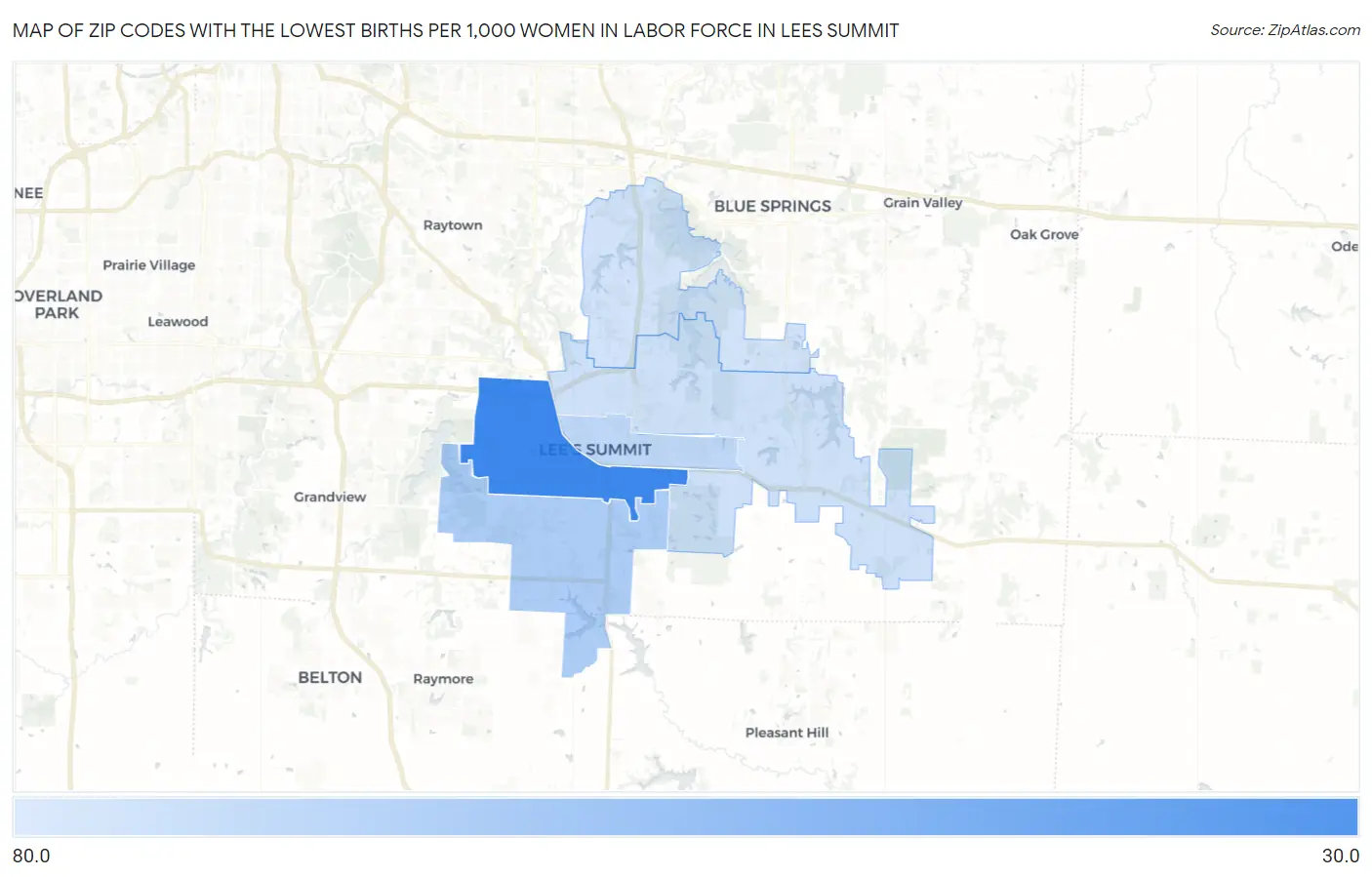 Zip Codes with the Lowest Births per 1,000 Women in Labor Force in Lees Summit Map
