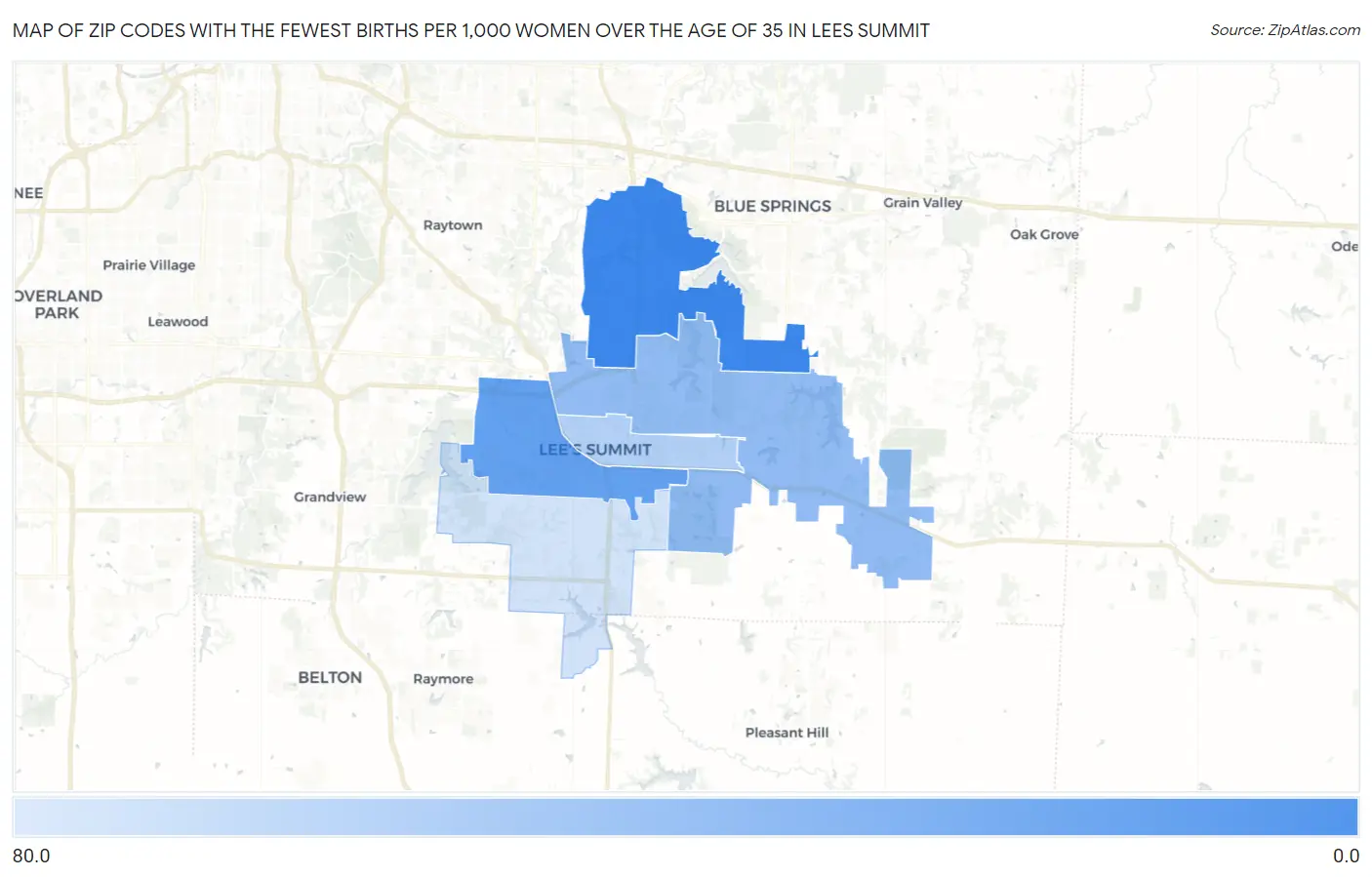 Zip Codes with the Fewest Births per 1,000 Women Over the Age of 35 in Lees Summit Map