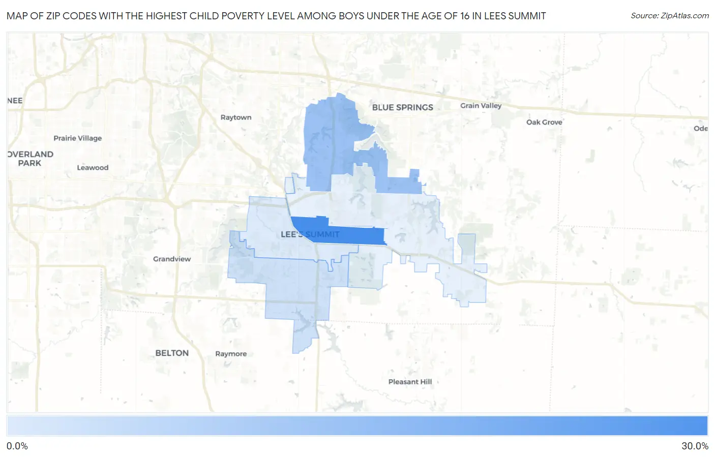 Zip Codes with the Highest Child Poverty Level Among Boys Under the Age of 16 in Lees Summit Map