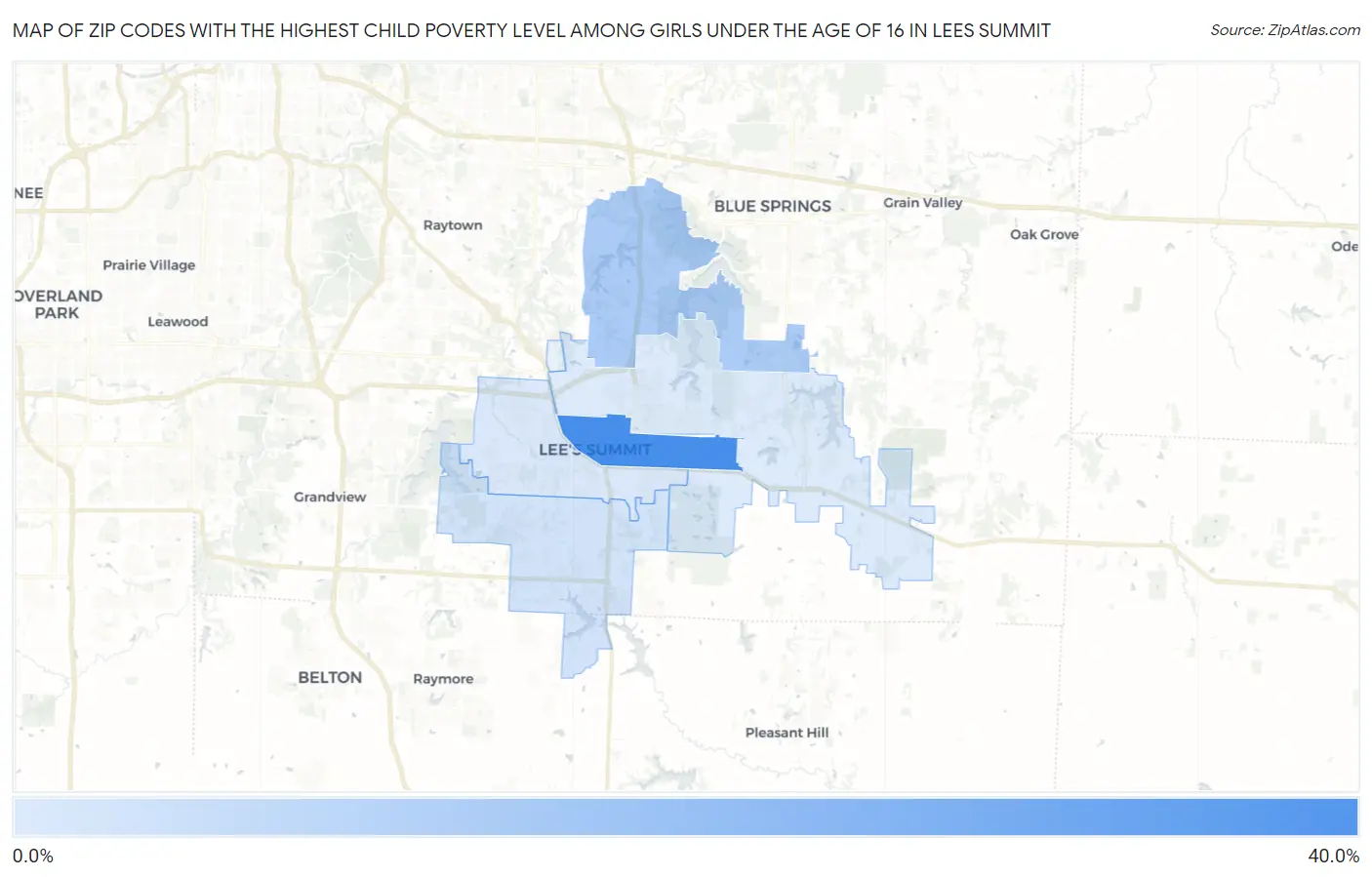 Zip Codes with the Highest Child Poverty Level Among Girls Under the Age of 16 in Lees Summit Map