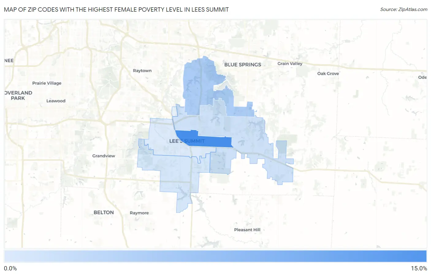 Zip Codes with the Highest Female Poverty Level in Lees Summit Map