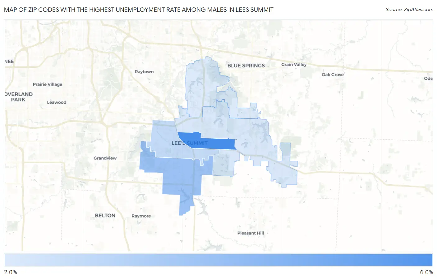 Zip Codes with the Highest Unemployment Rate Among Males in Lees Summit Map