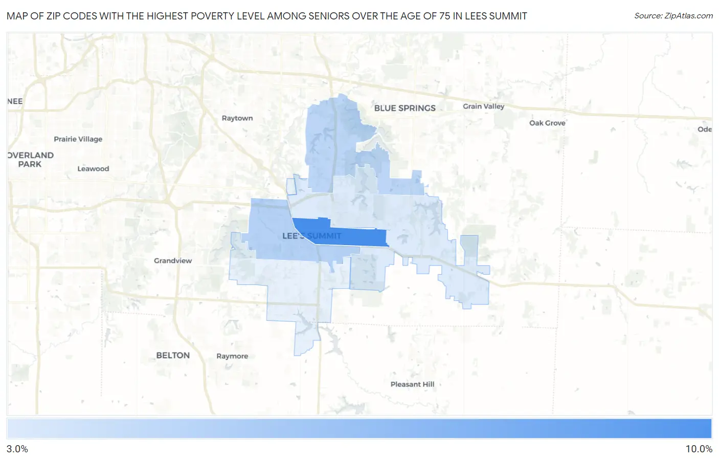 Zip Codes with the Highest Poverty Level Among Seniors Over the Age of 75 in Lees Summit Map