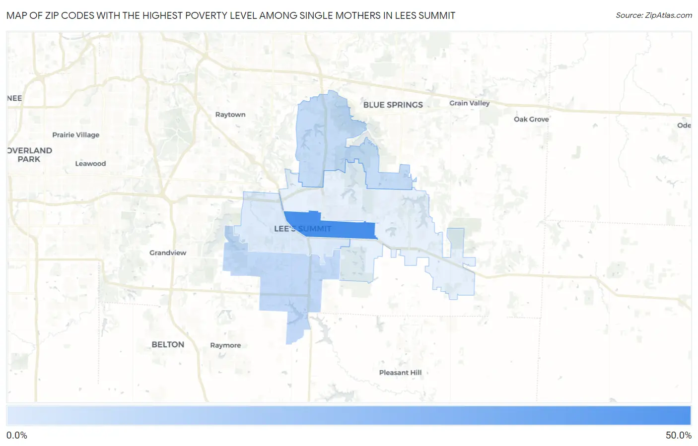 Zip Codes with the Highest Poverty Level Among Single Mothers in Lees Summit Map