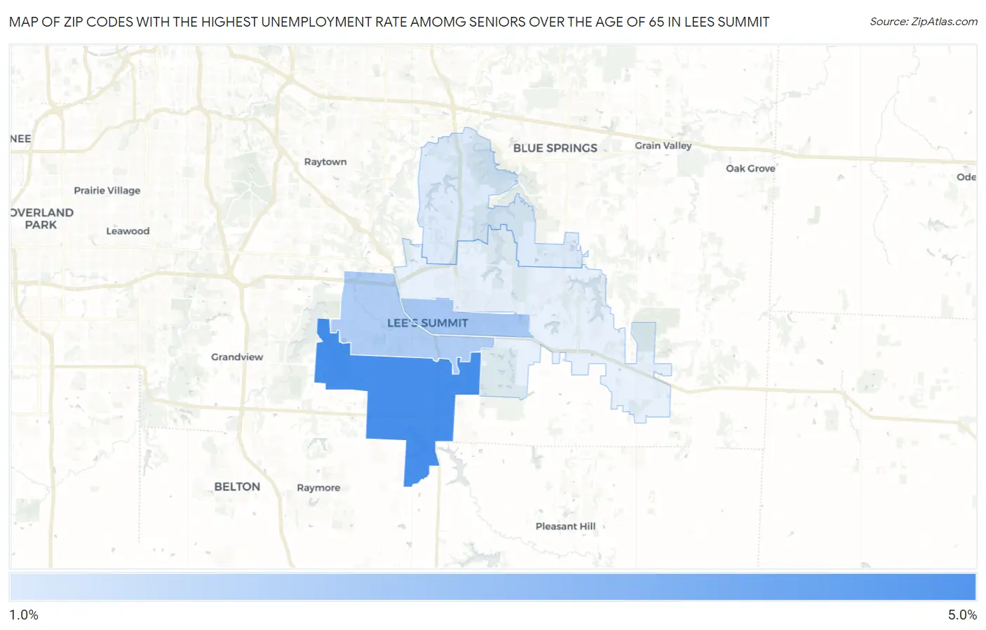 Zip Codes with the Highest Unemployment Rate Amomg Seniors Over the Age of 65 in Lees Summit Map