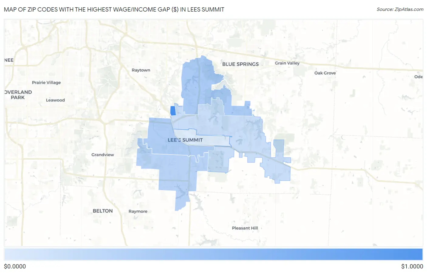Zip Codes with the Highest Wage/Income Gap ($) in Lees Summit Map