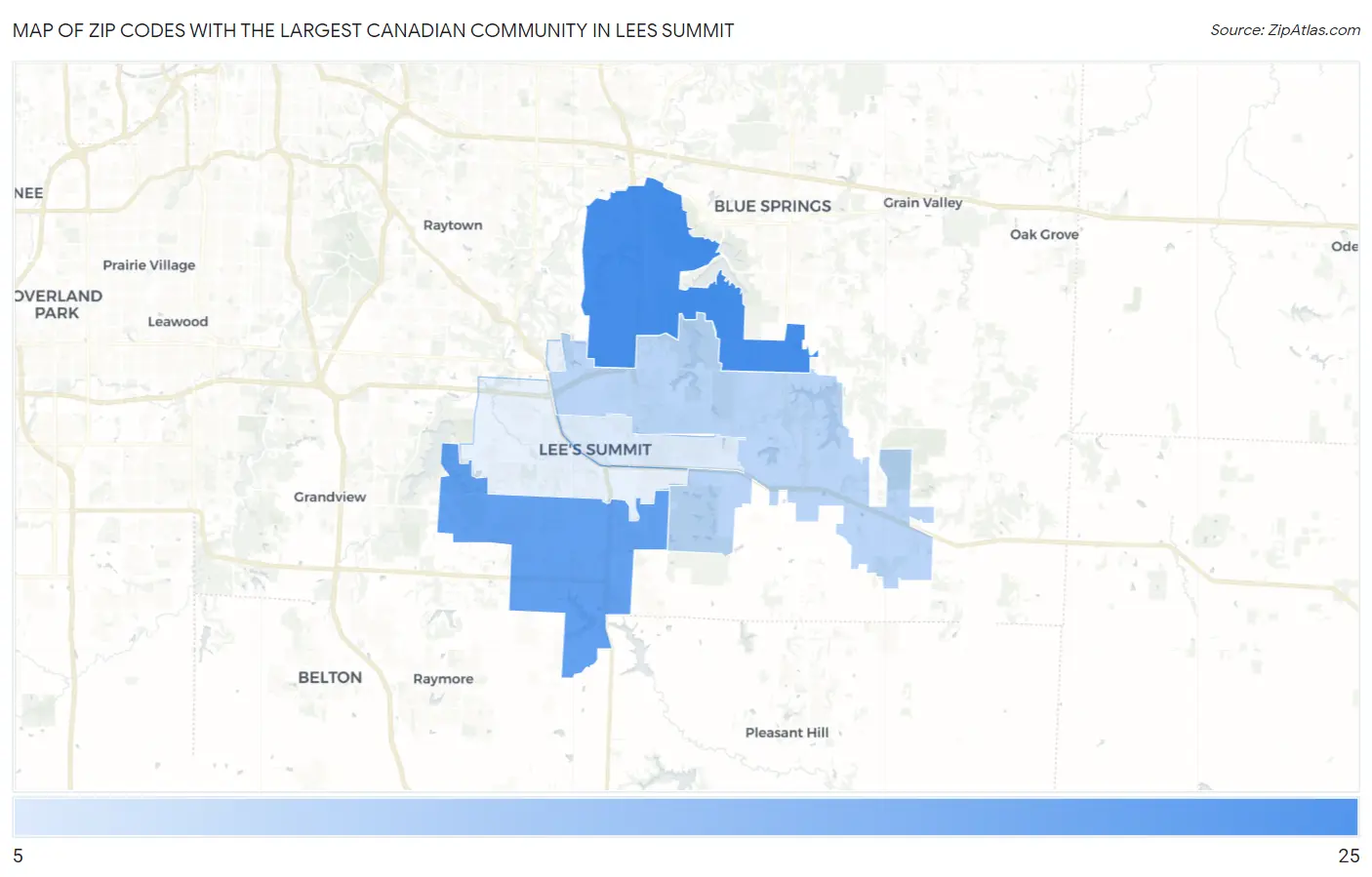 Zip Codes with the Largest Canadian Community in Lees Summit Map