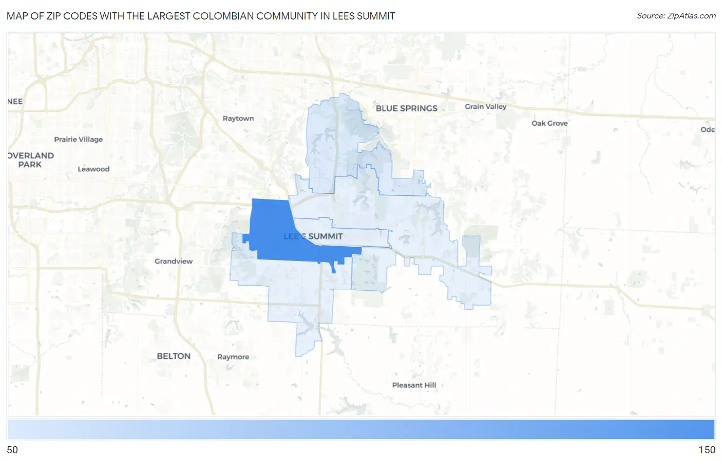 Zip Codes with the Largest Colombian Community in Lees Summit Map