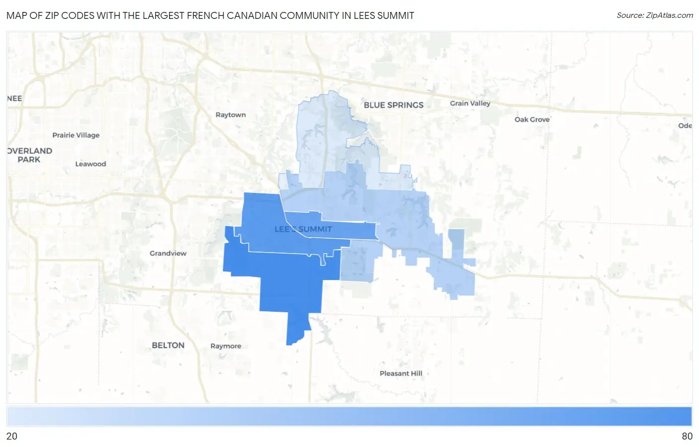 Zip Codes with the Largest French Canadian Community in Lees Summit Map
