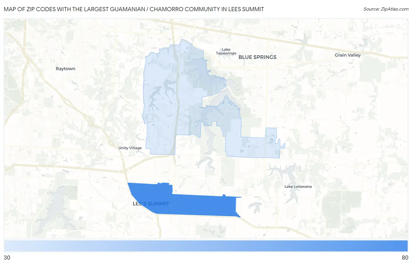 Zip Codes with the Largest Guamanian / Chamorro Community in Lees Summit Map