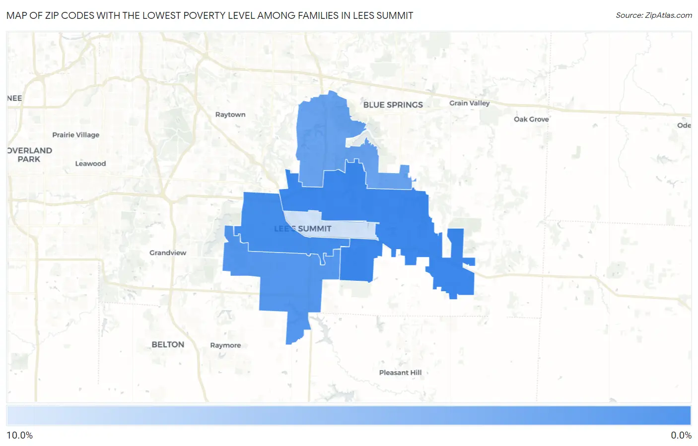 Zip Codes with the Lowest Poverty Level Among Families in Lees Summit Map