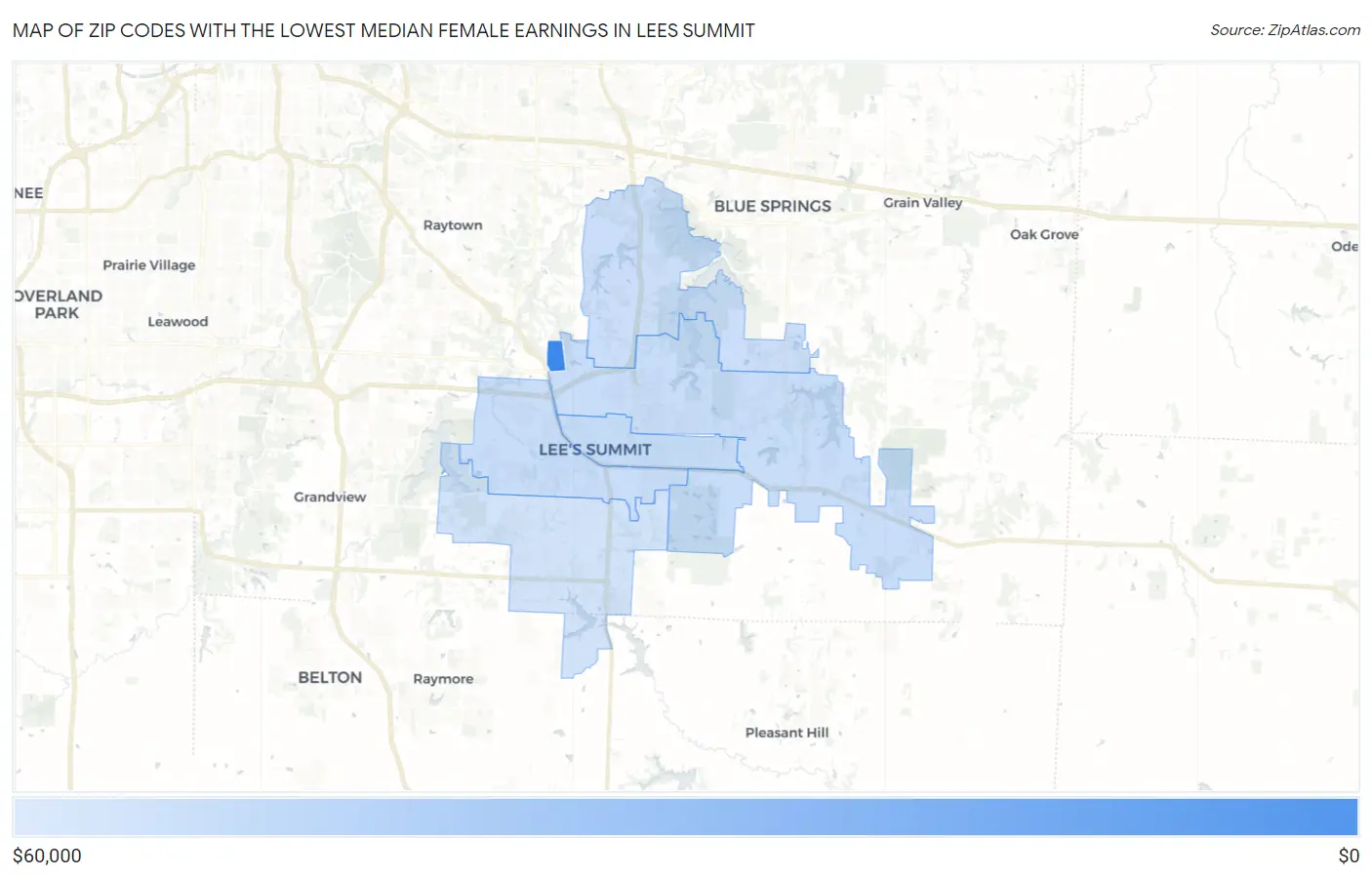 Zip Codes with the Lowest Median Female Earnings in Lees Summit Map